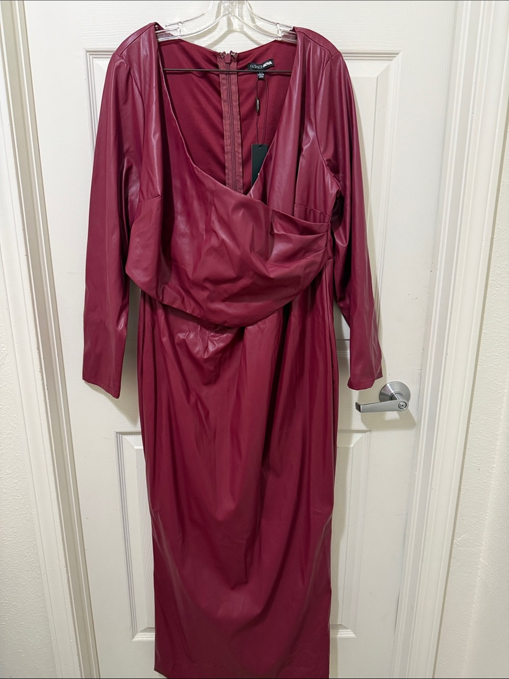 FASHION NOVA Burgundy Faux Leather Maxi Dress.
